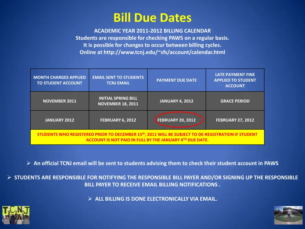 bill due dates academic year 2011 2012 billing