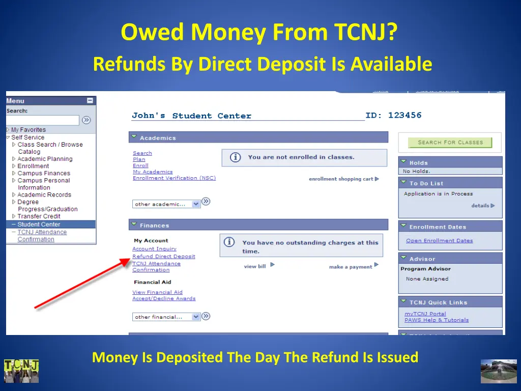 owed money from tcnj refunds by direct deposit