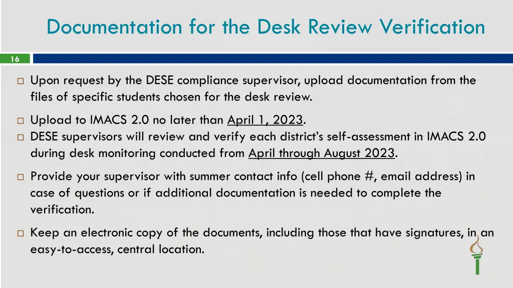 documentation for the desk review verification