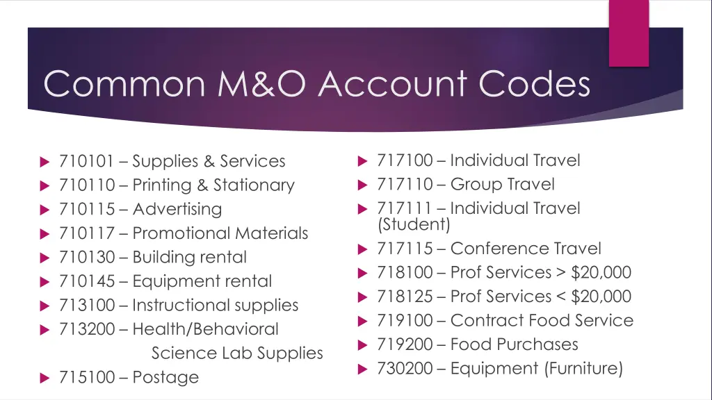 common m o account codes