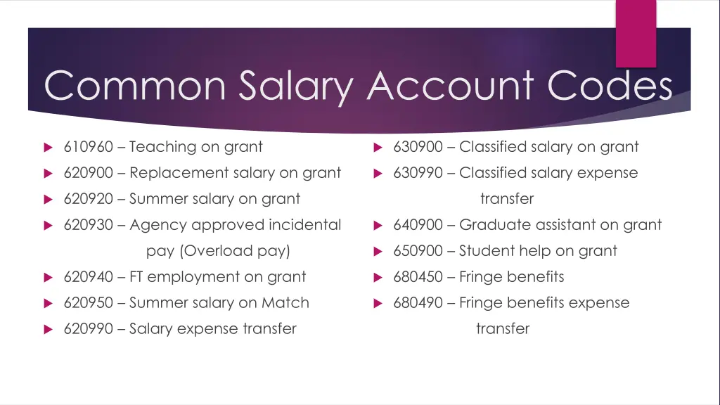 common salary account codes