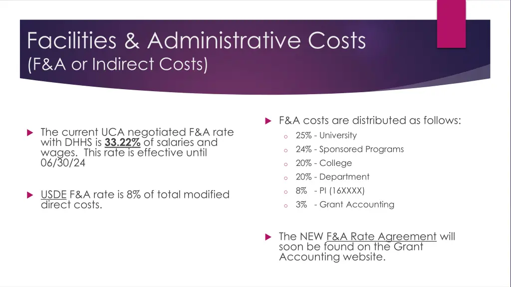 facilities administrative costs f a or indirect 1