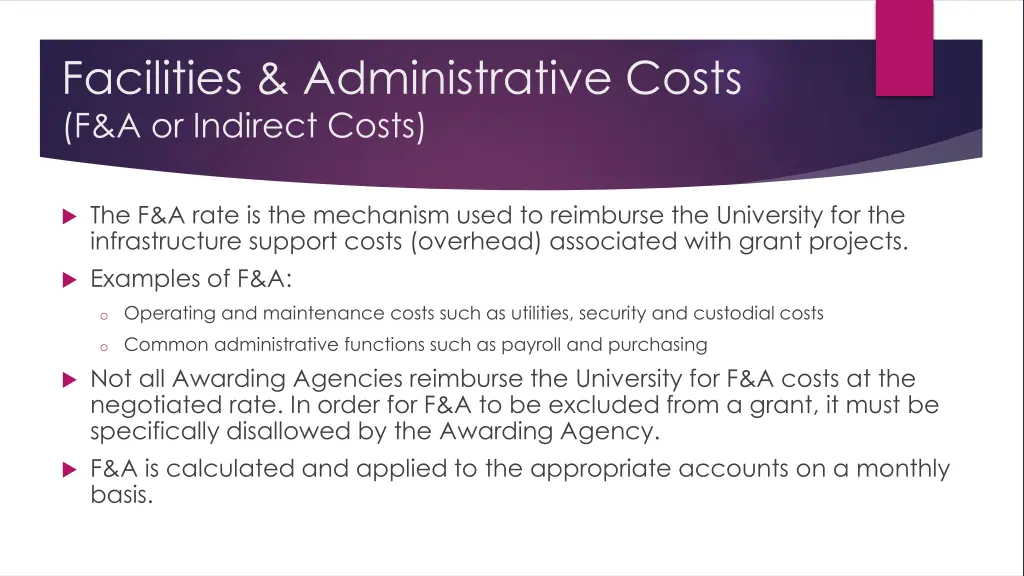 facilities administrative costs f a or indirect