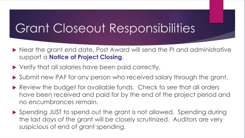 grant closeout responsibilities