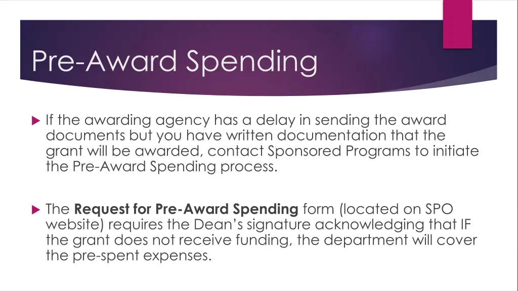 pre award spending