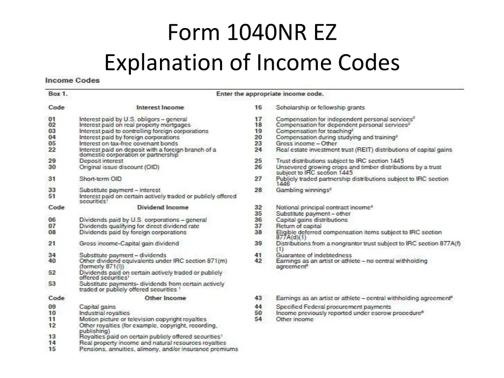 form 1040nr ez explanation of income codes