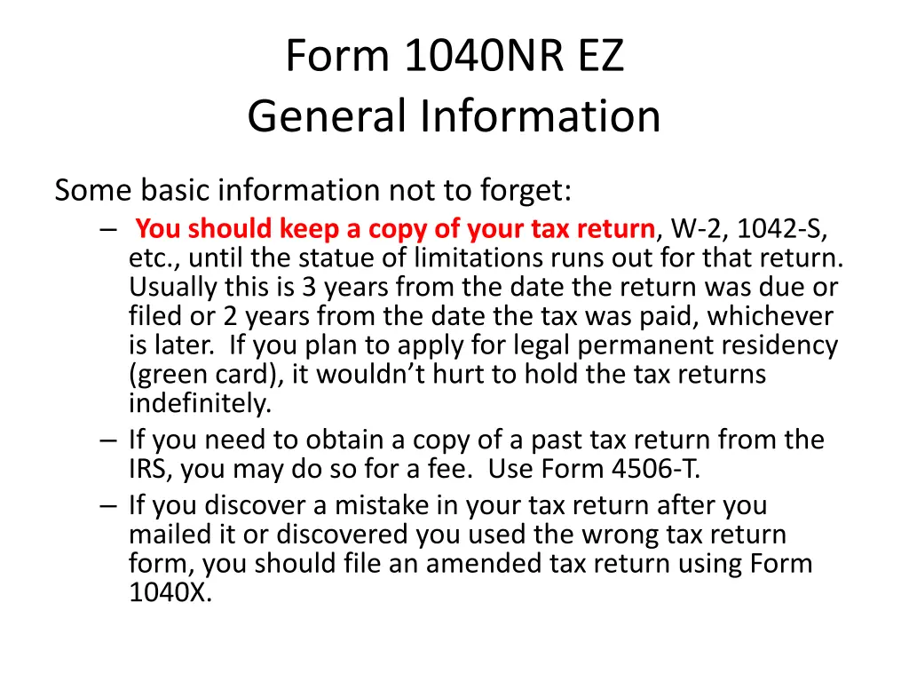 form 1040nr ez general information