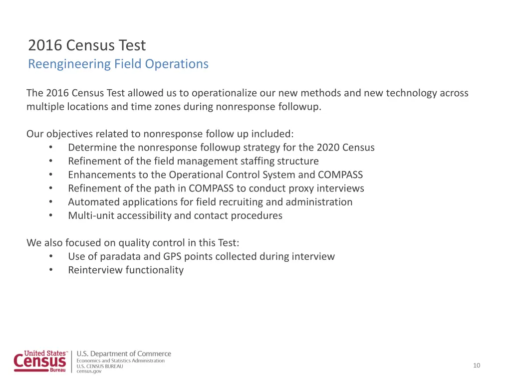 2016 census test reengineering field operations