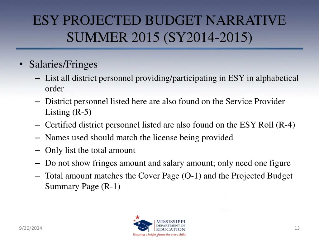 esy projected budget narrative summer 2015 sy2014