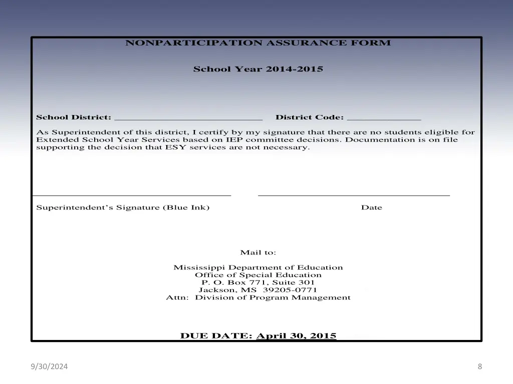 nonparticipation assurance form school year 2014