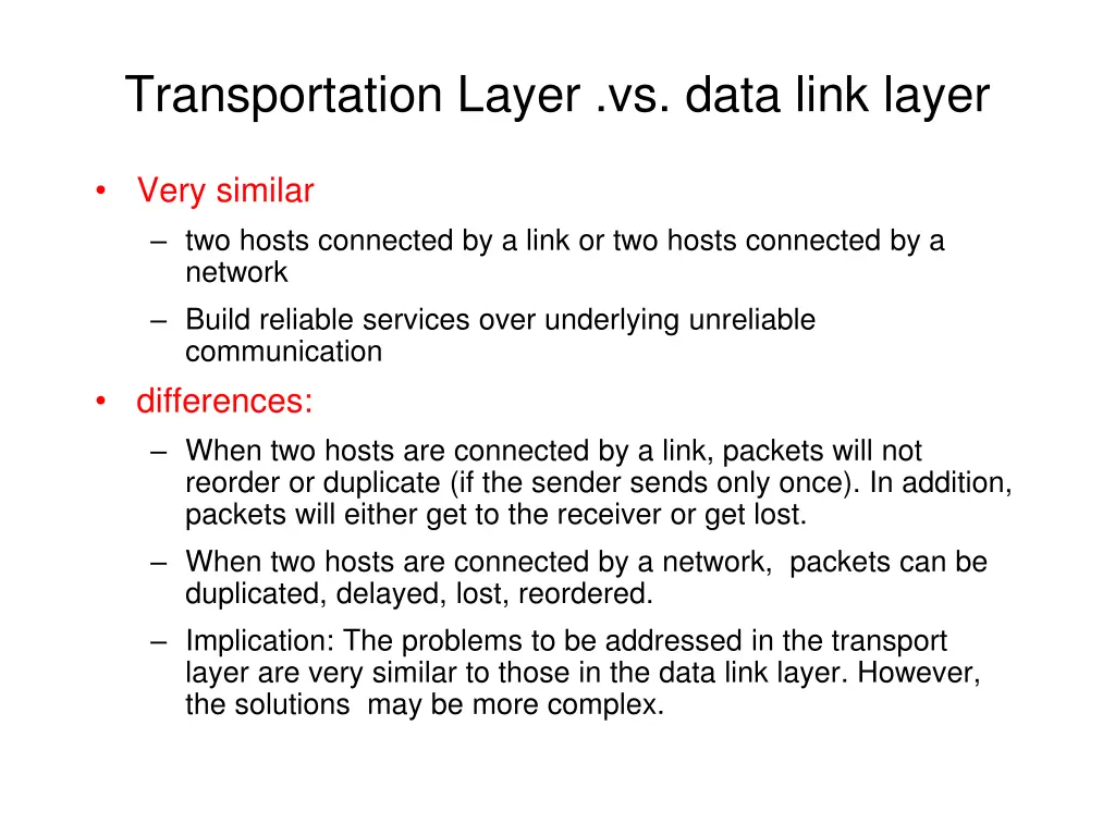 transportation layer vs data link layer