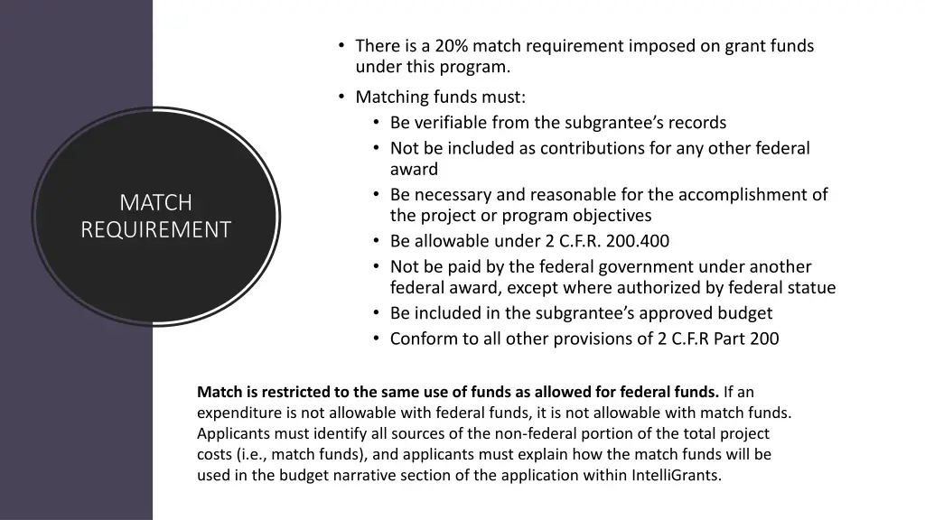 there is a 20 match requirement imposed on grant