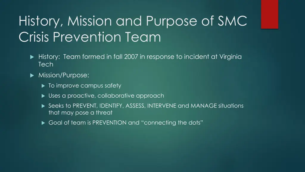 history mission and purpose of smc crisis