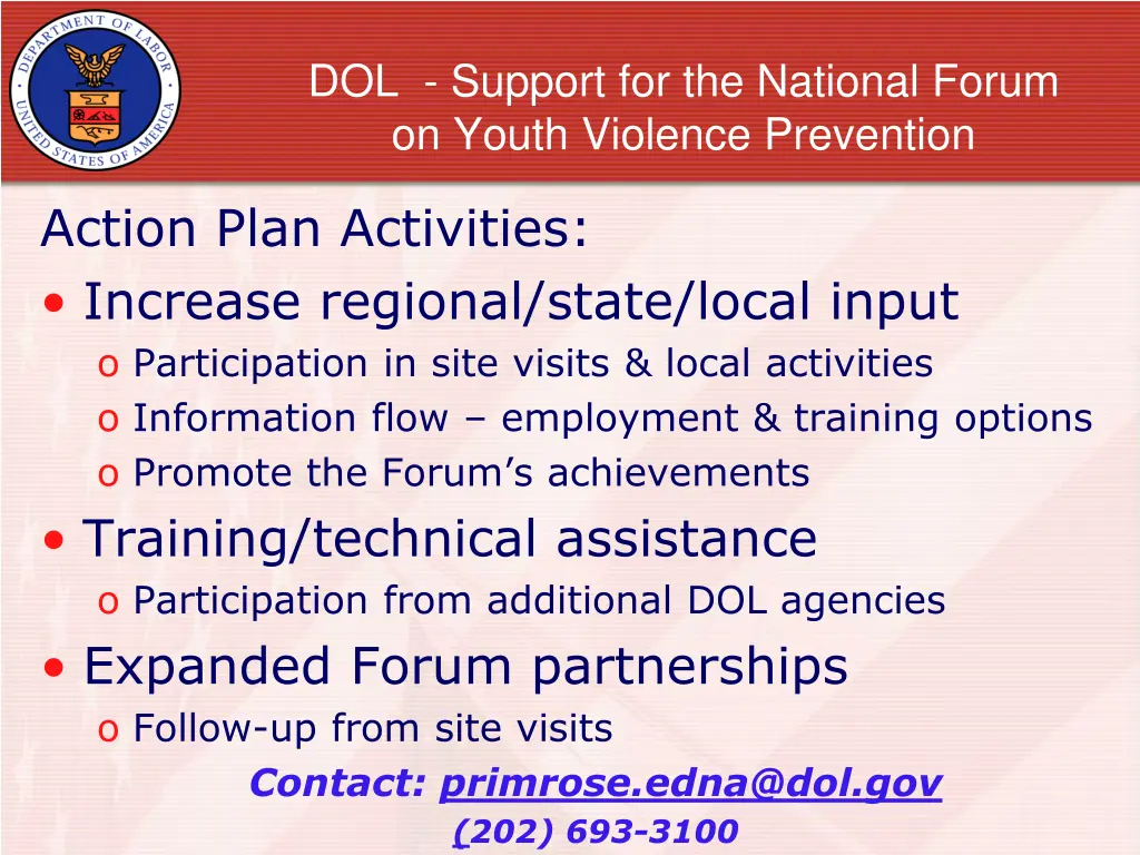 dol support for the national forum on youth