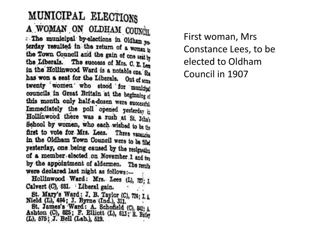 first woman mrs constance lees to be elected