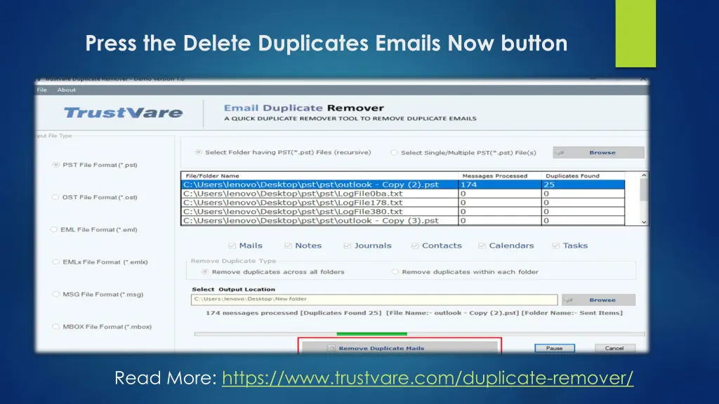 press the delete duplicates emails now button