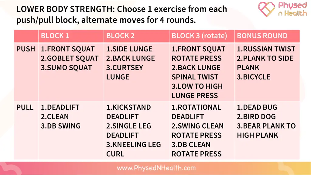 lower body strength choose 1 exercise from each