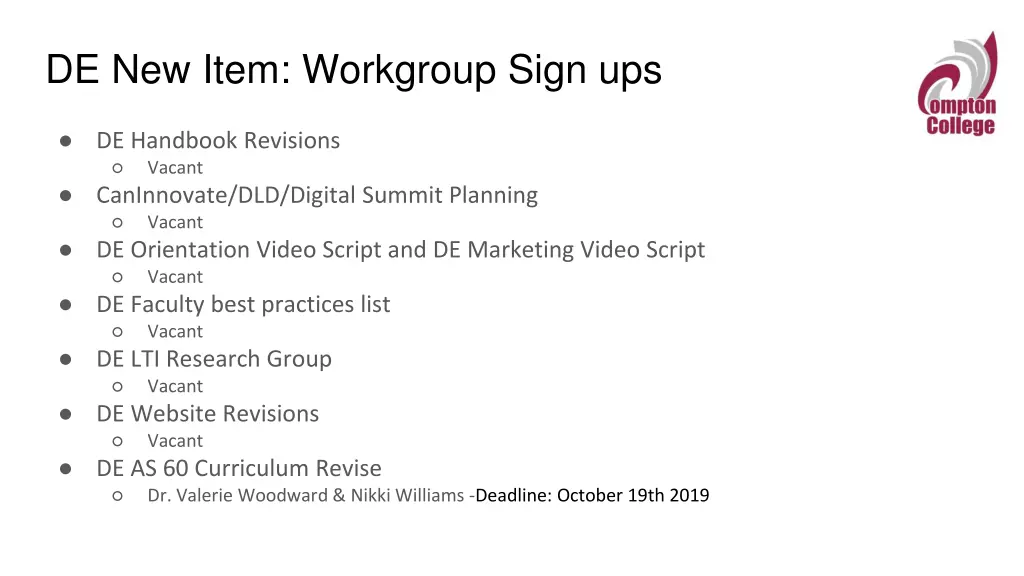 de new item workgroup sign ups