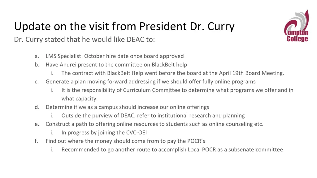 update on the visit from president dr curry