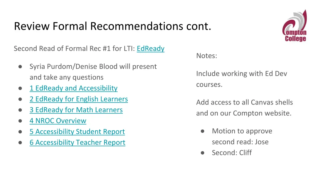 review formal recommendations cont