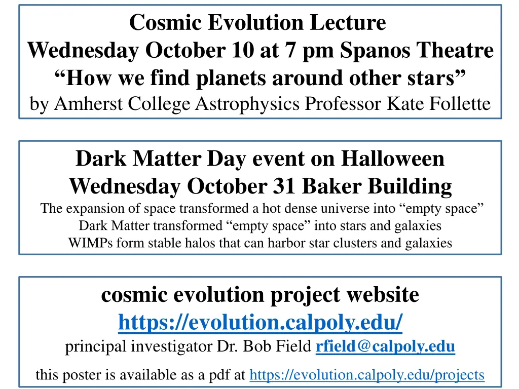 cosmic evolution lecture wednesday october