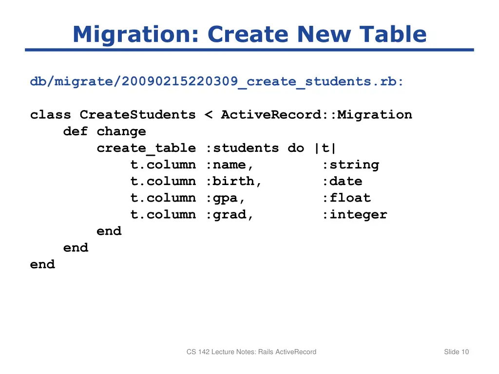 migration create new table