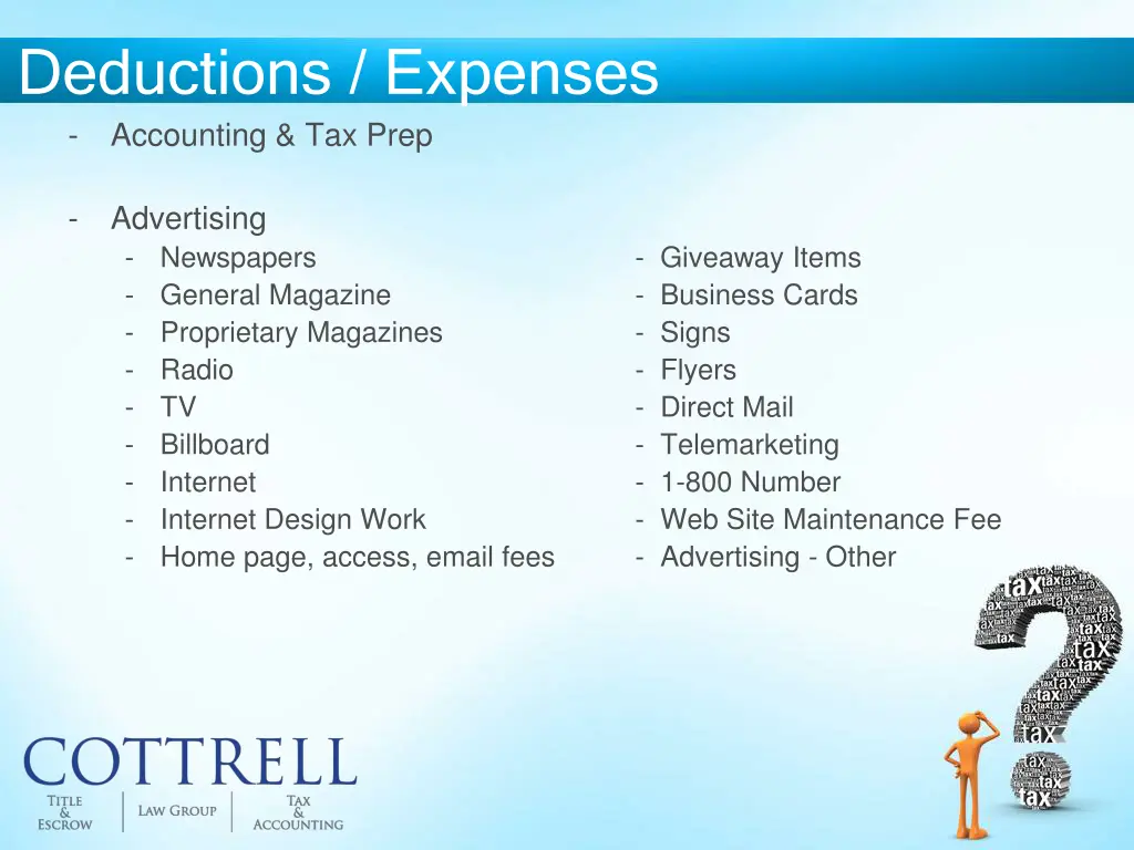 deductions expenses accounting tax prep