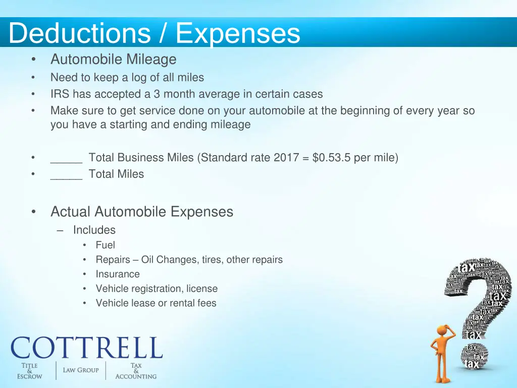 deductions expenses automobile mileage need