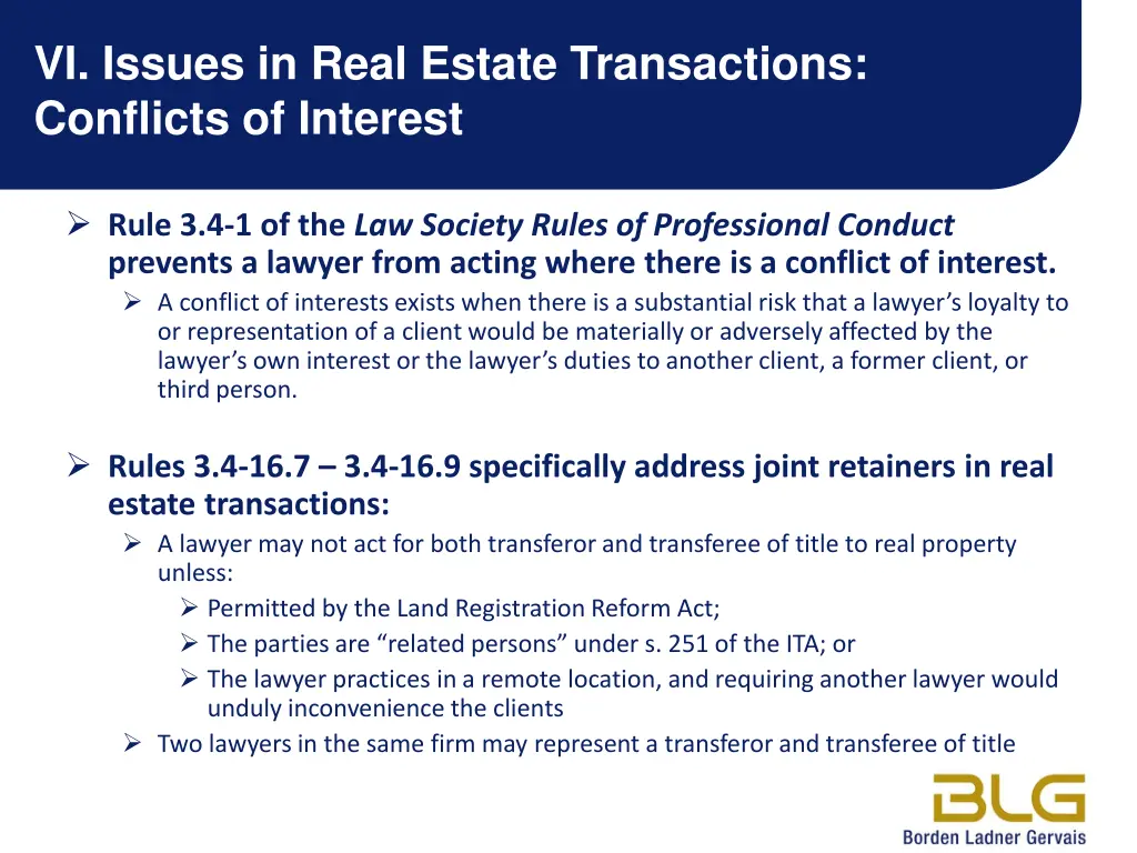 vi issues in real estate transactions conflicts