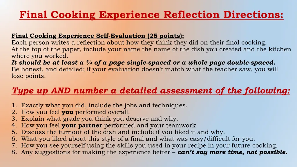 final cooking experience reflection directions