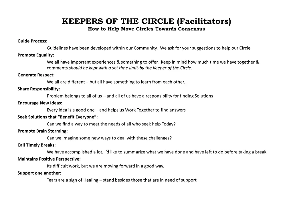 keepers of the circle facilitators how to help