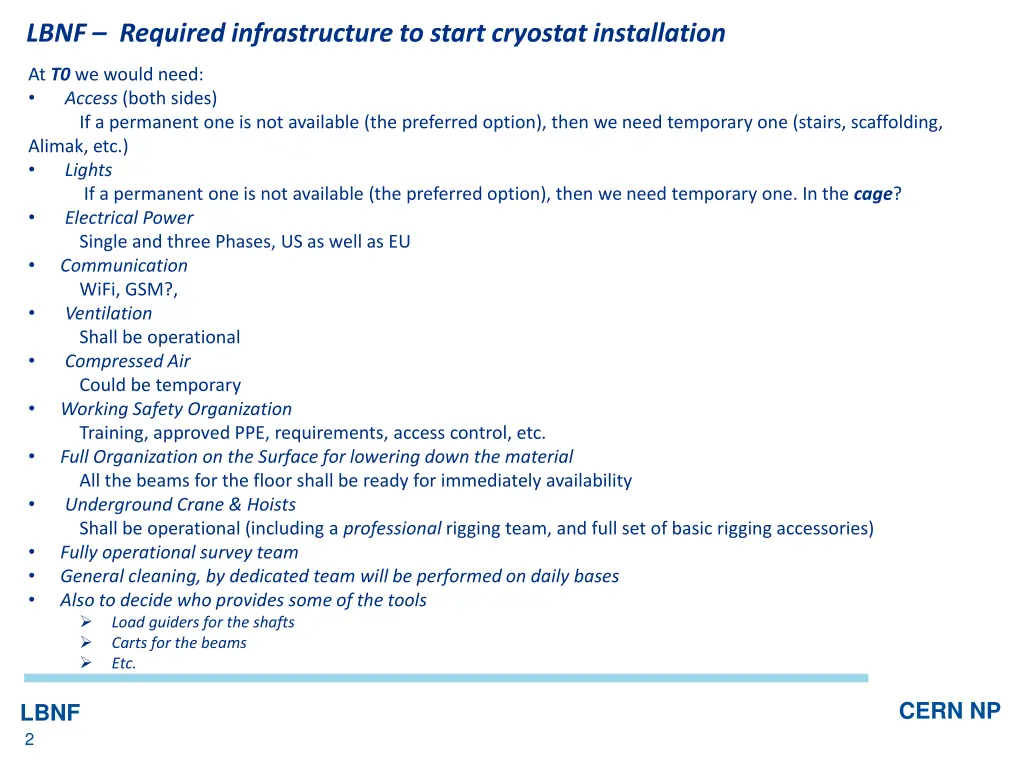 lbnf required infrastructure to start cryostat 1