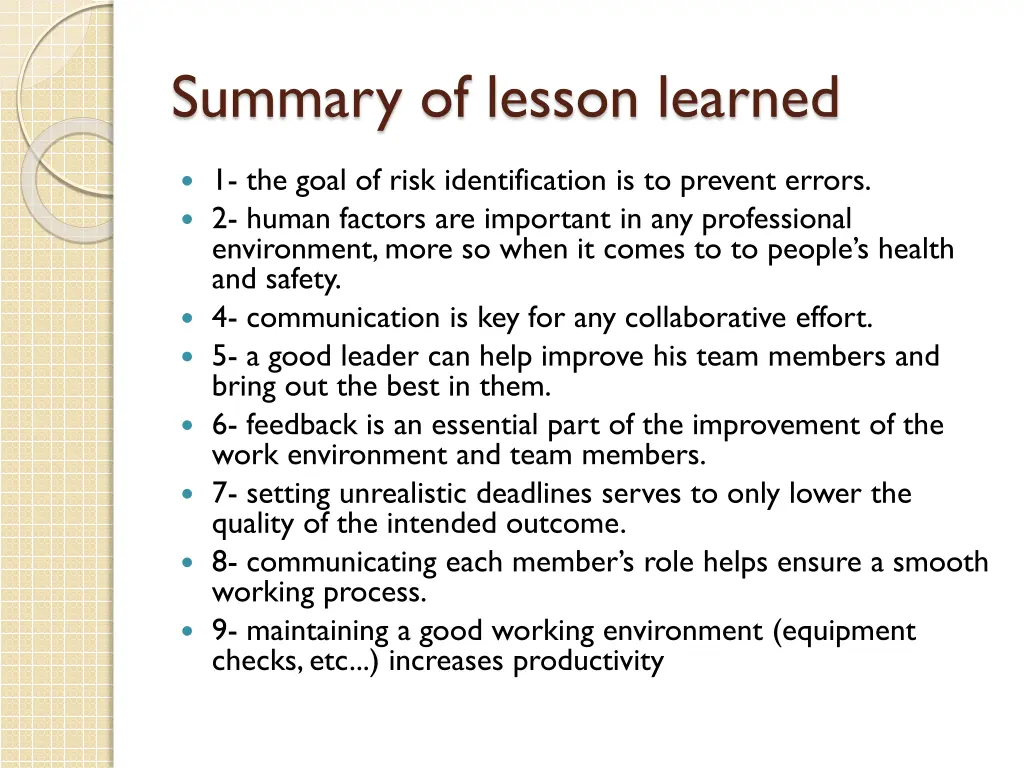 summary of lesson learned