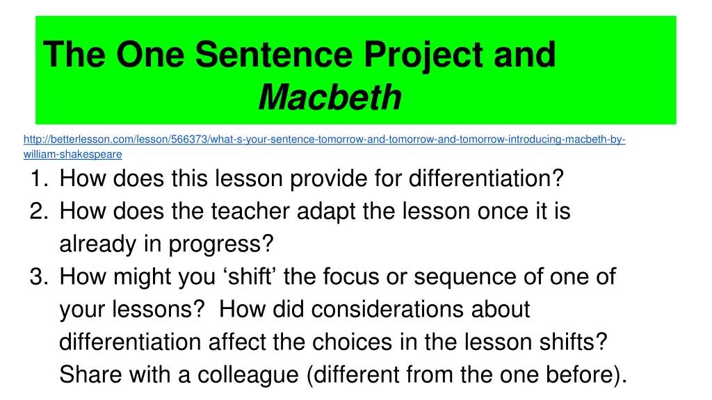 the one sentence project and macbeth