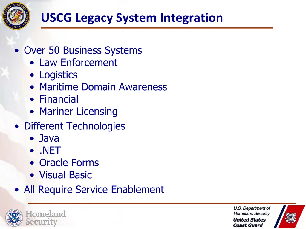 uscg legacy system integration