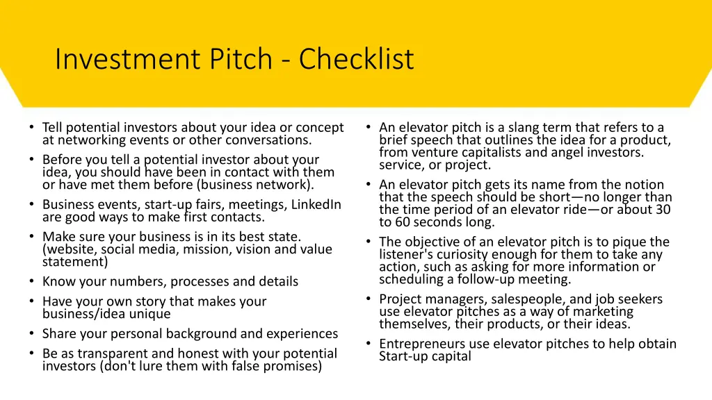 investment pitch checklist