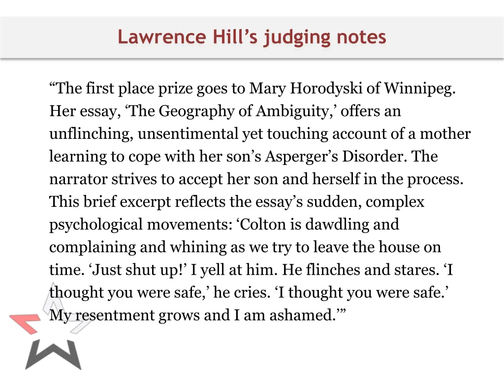 lawrence hill s judging notes