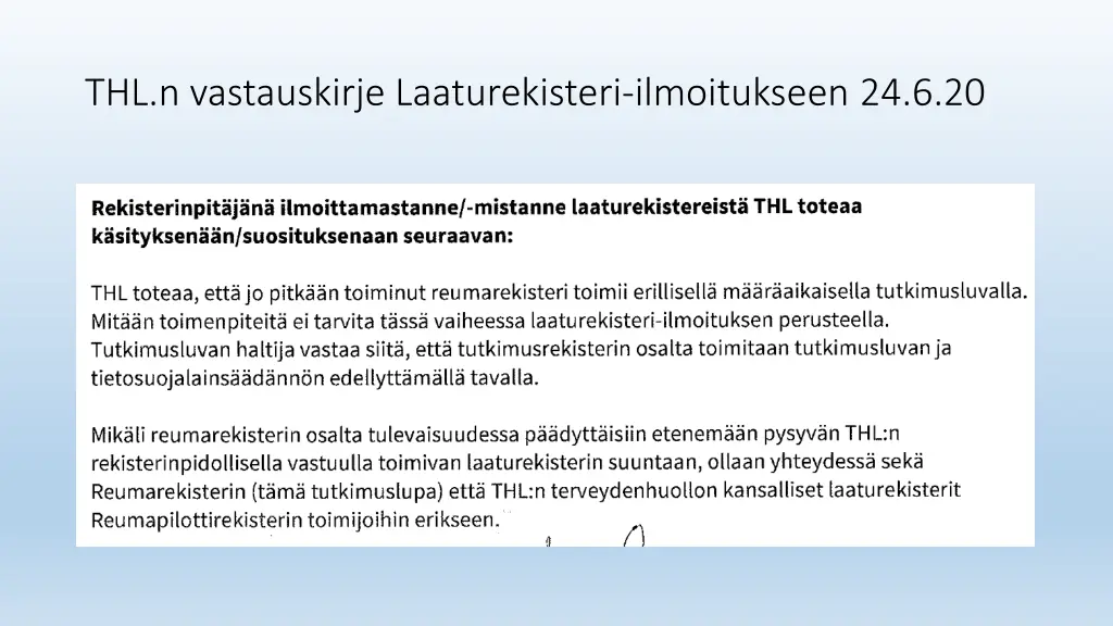 thl n vastauskirje laaturekisteri ilmoitukseen