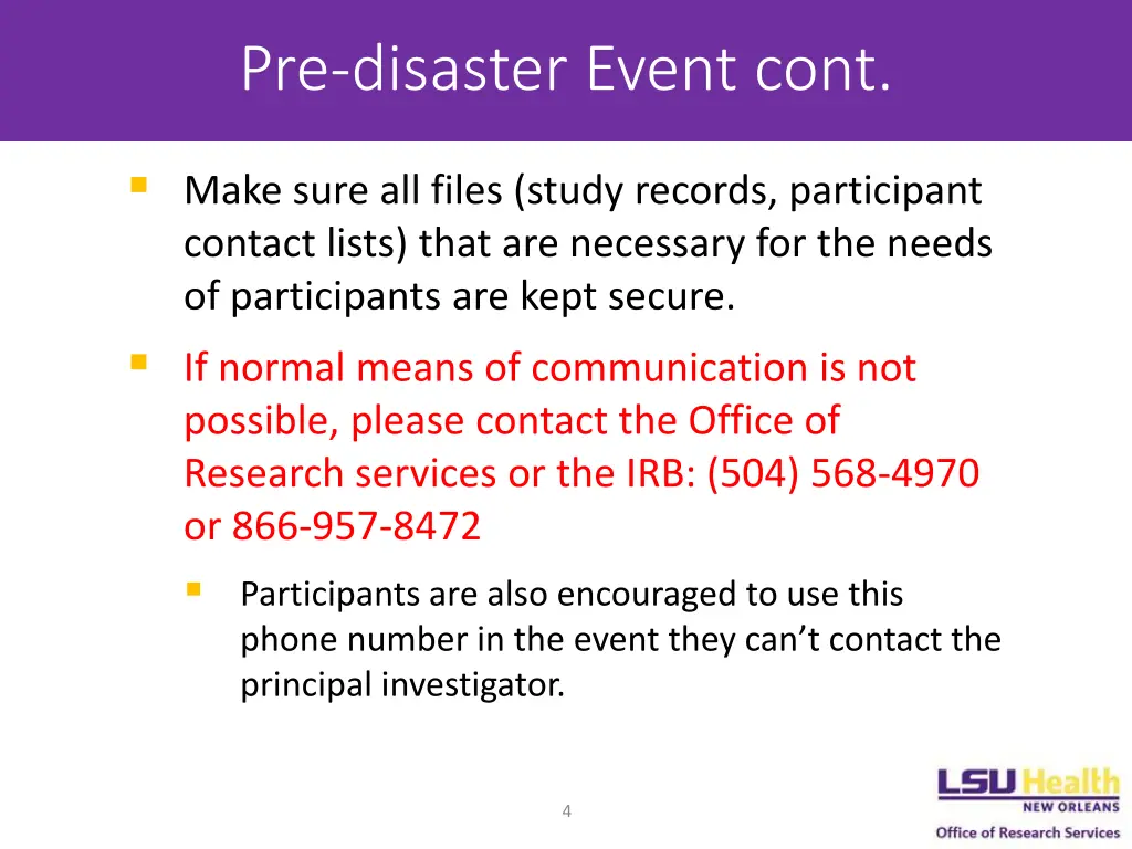 pre disaster event cont