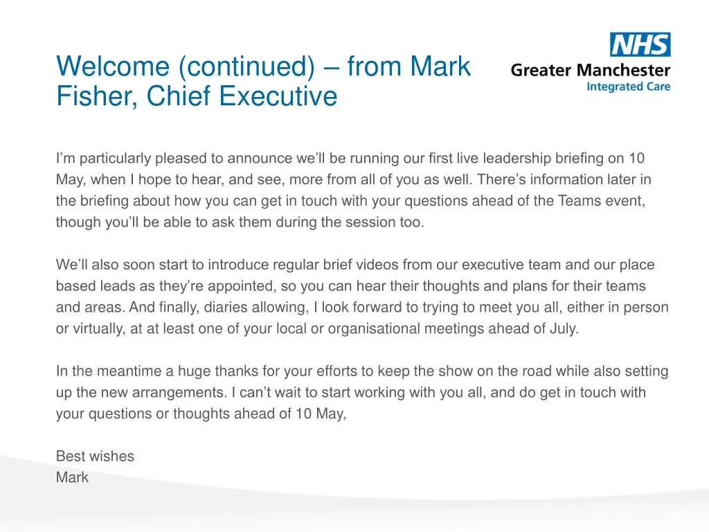 welcome continued from mark fisher chief executive