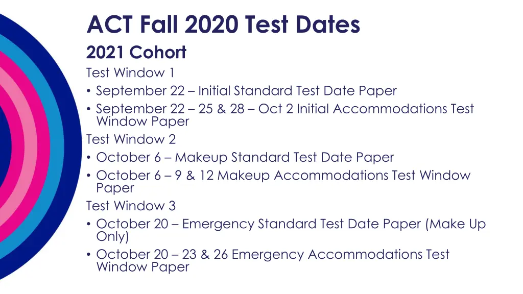 act fall 2020 test dates 2021 cohort test window