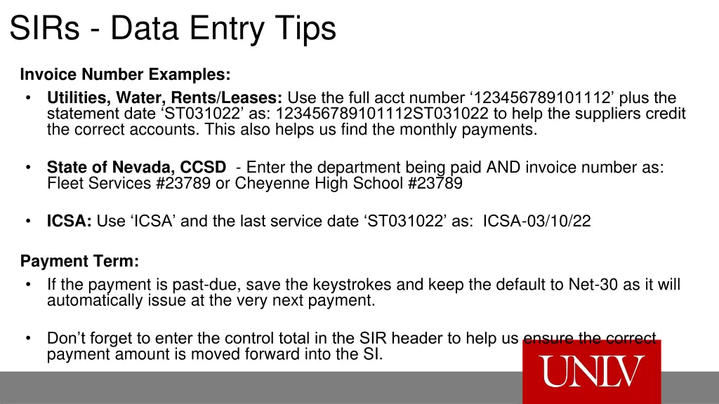 sirs data entry tips