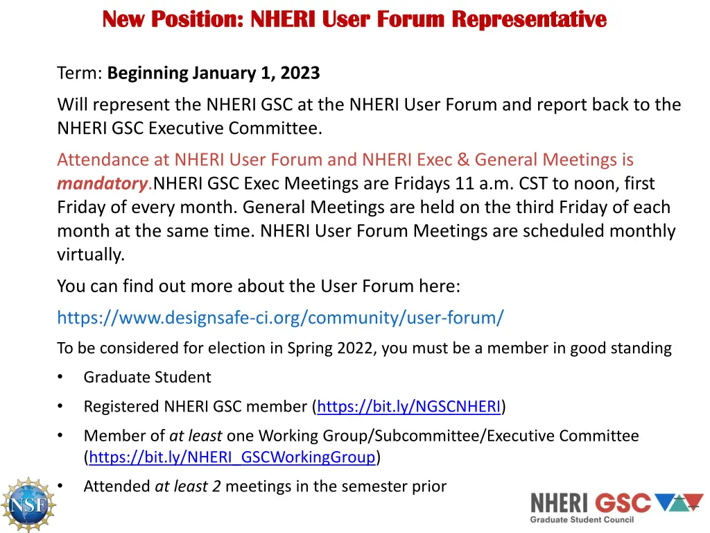 new position nheri user forum representative