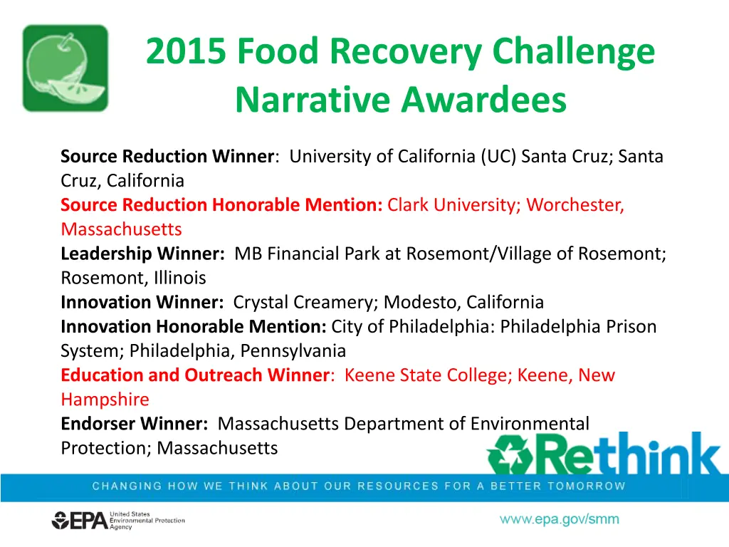 2015 food recovery challenge narrative awardees