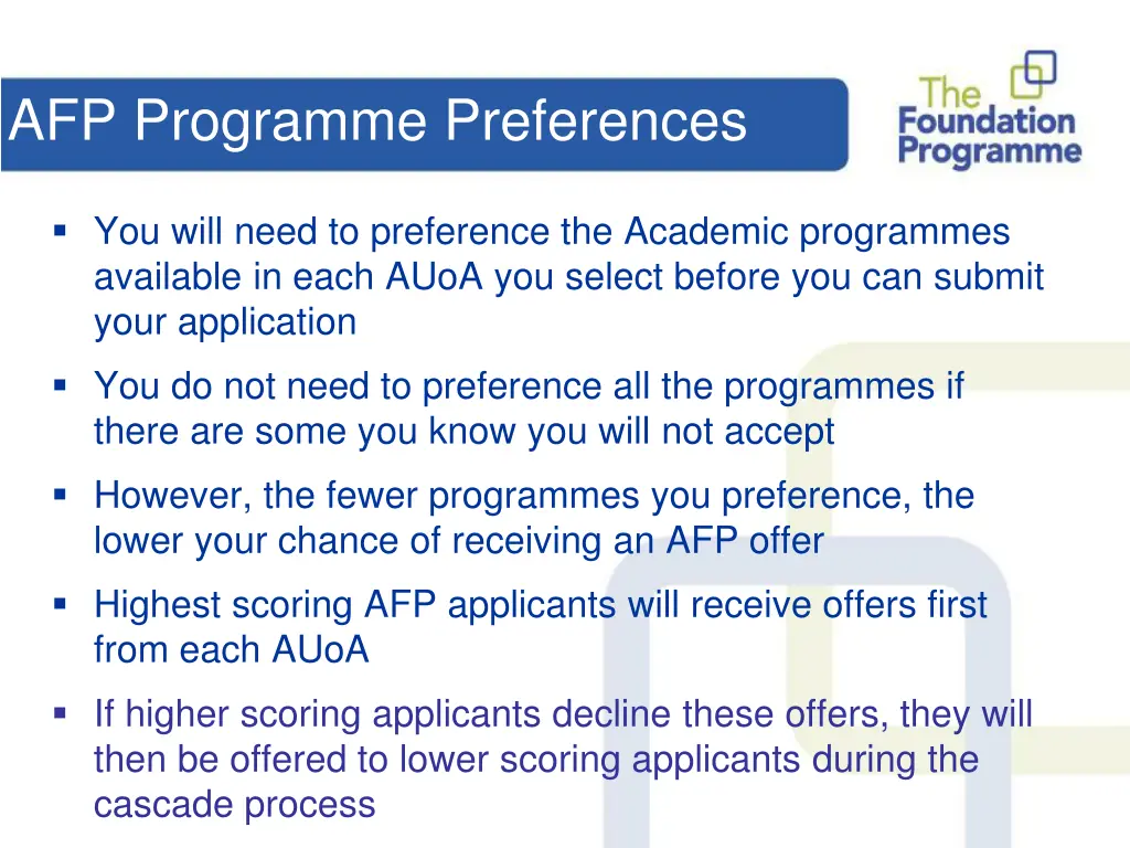 afp programme preferences