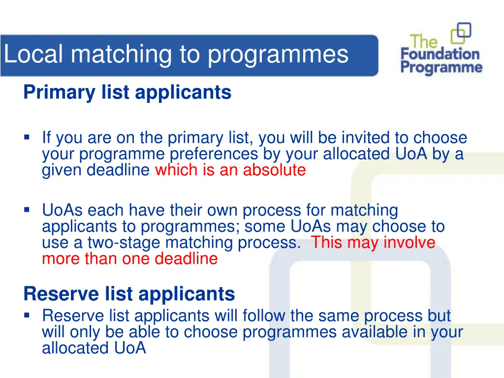 local matching to programmes