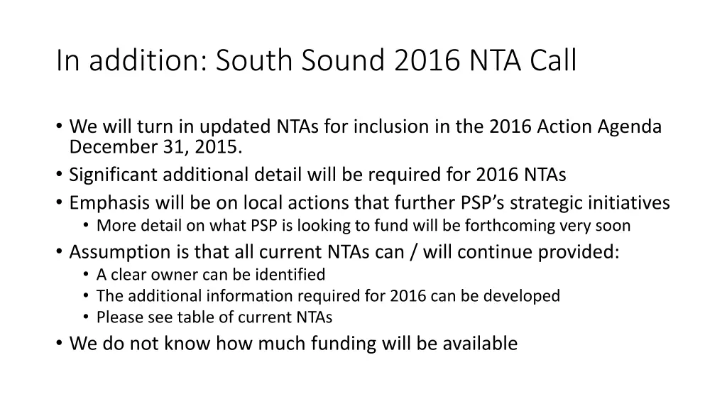 in addition south sound 2016 nta call