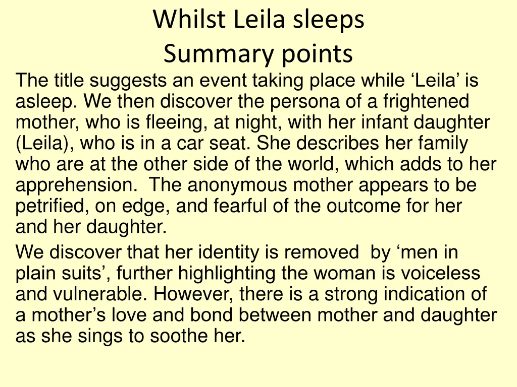 whilst leila sleeps summary points