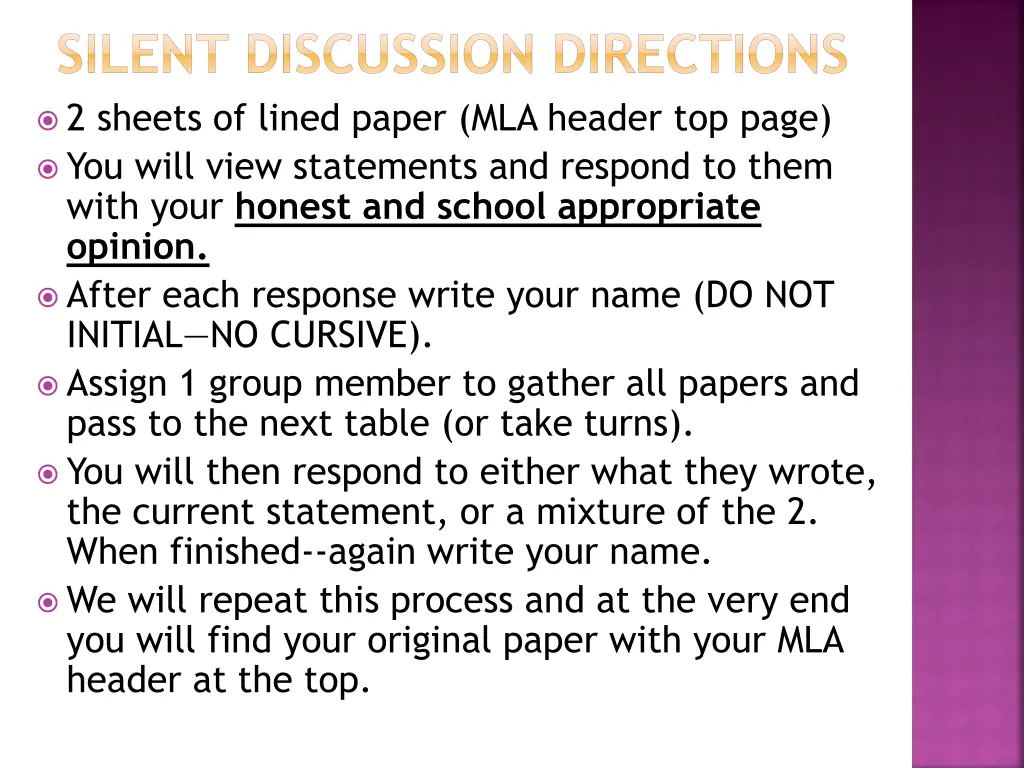 silent discussion directions 2 sheets of lined