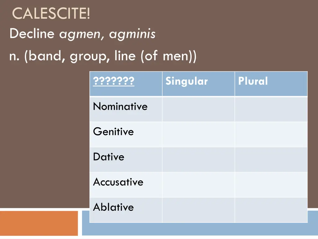 calescite decline agmen agminis n band group line